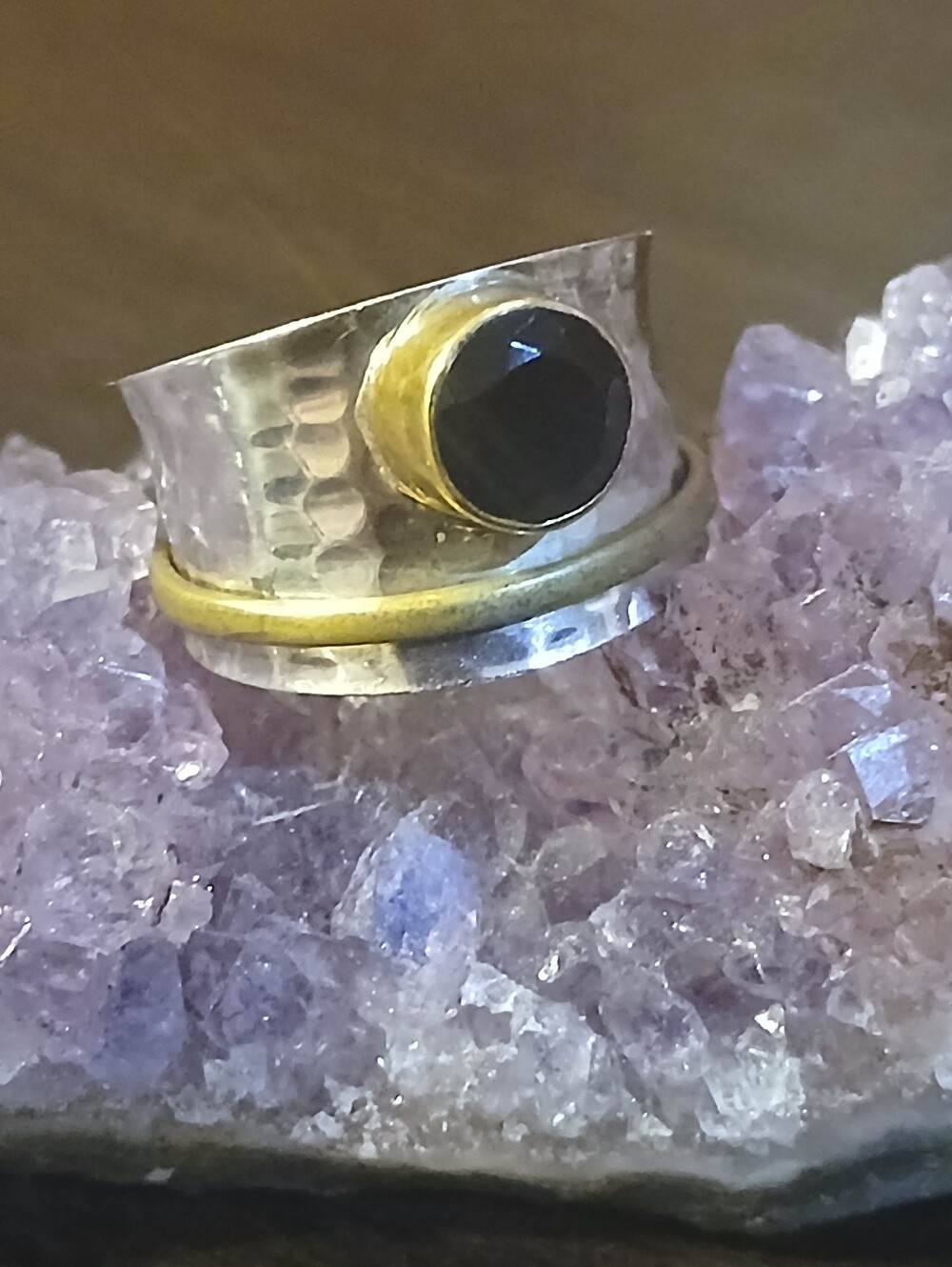 YS INDIA sterling silver, brass & black onyx spinner ring